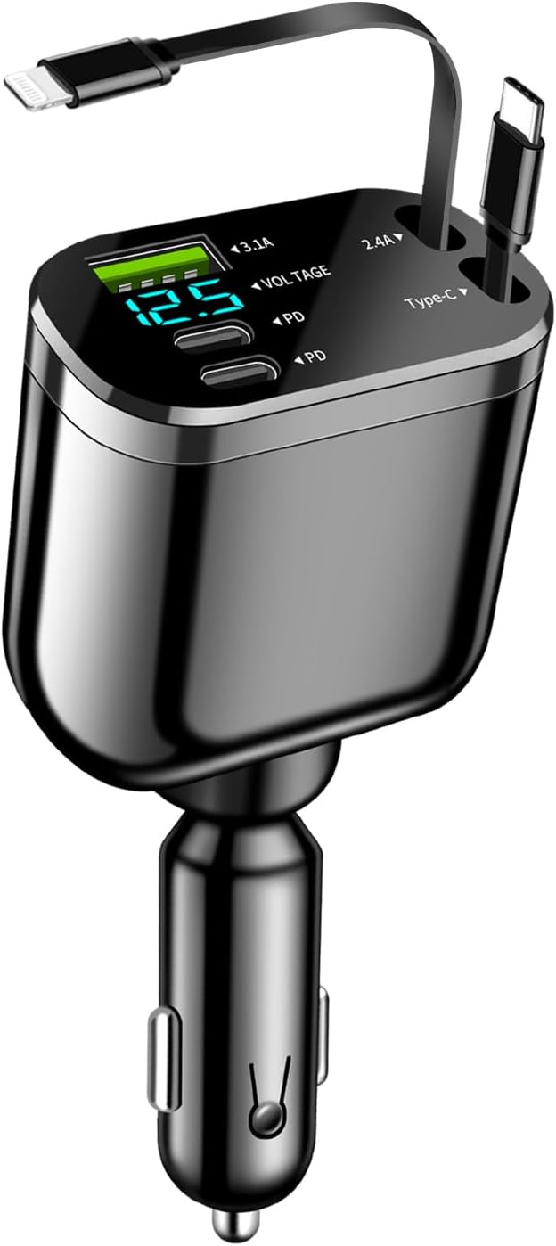 Chargeur allume-cigare USB-C 5-en-1, 80W, câbles rétractables, voltmètre LED. Charge rapide pour iPhone, Samsung