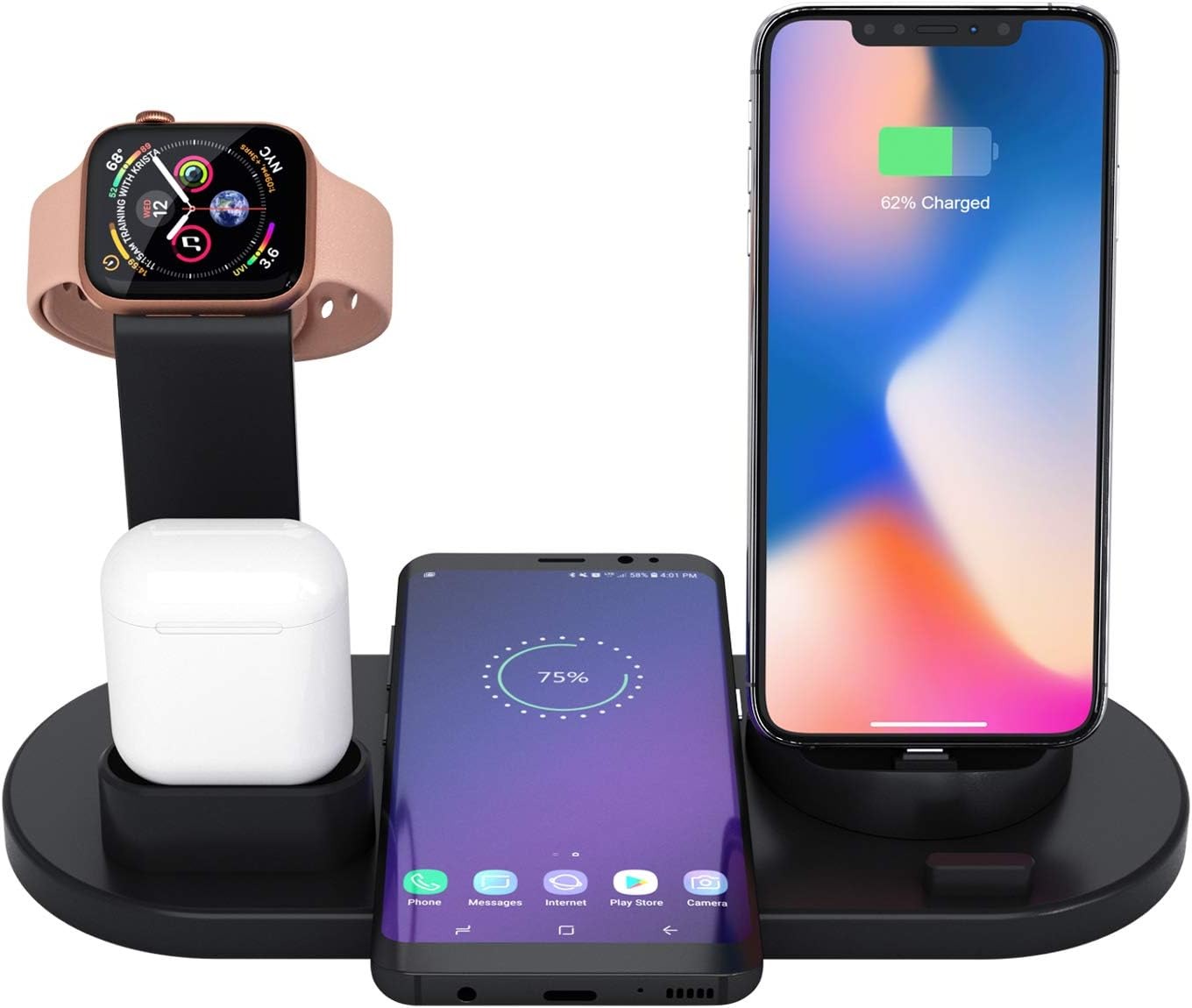 Chargeur sans fil 4-en-1, Station de charge sans fil rapide - iPhone, Apple Watch, AirPods