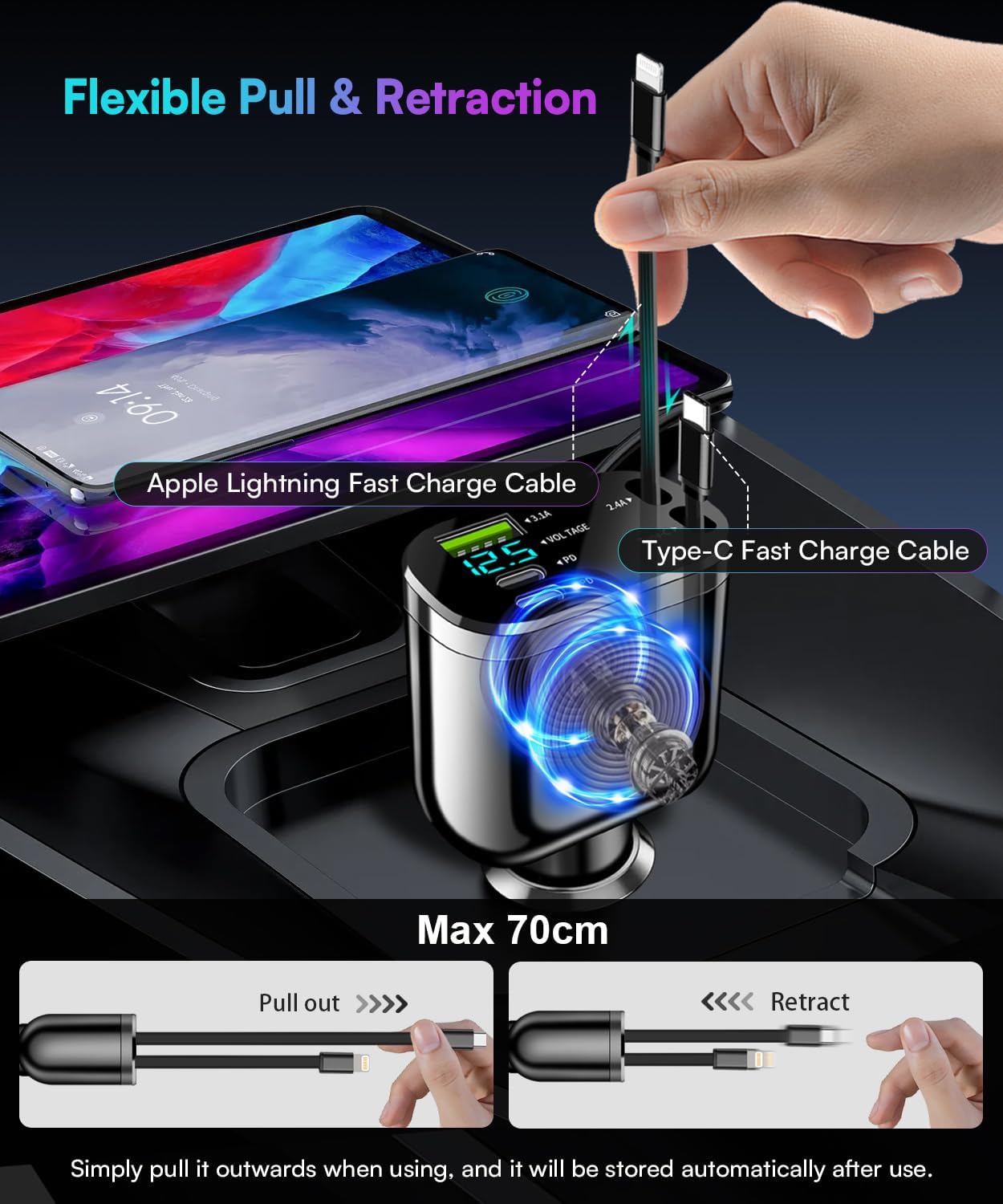 Chargeur allume-cigare USB-C 5-en-1, 80W, câbles rétractables, voltmètre LED. Charge rapide pour iPhone, Samsung