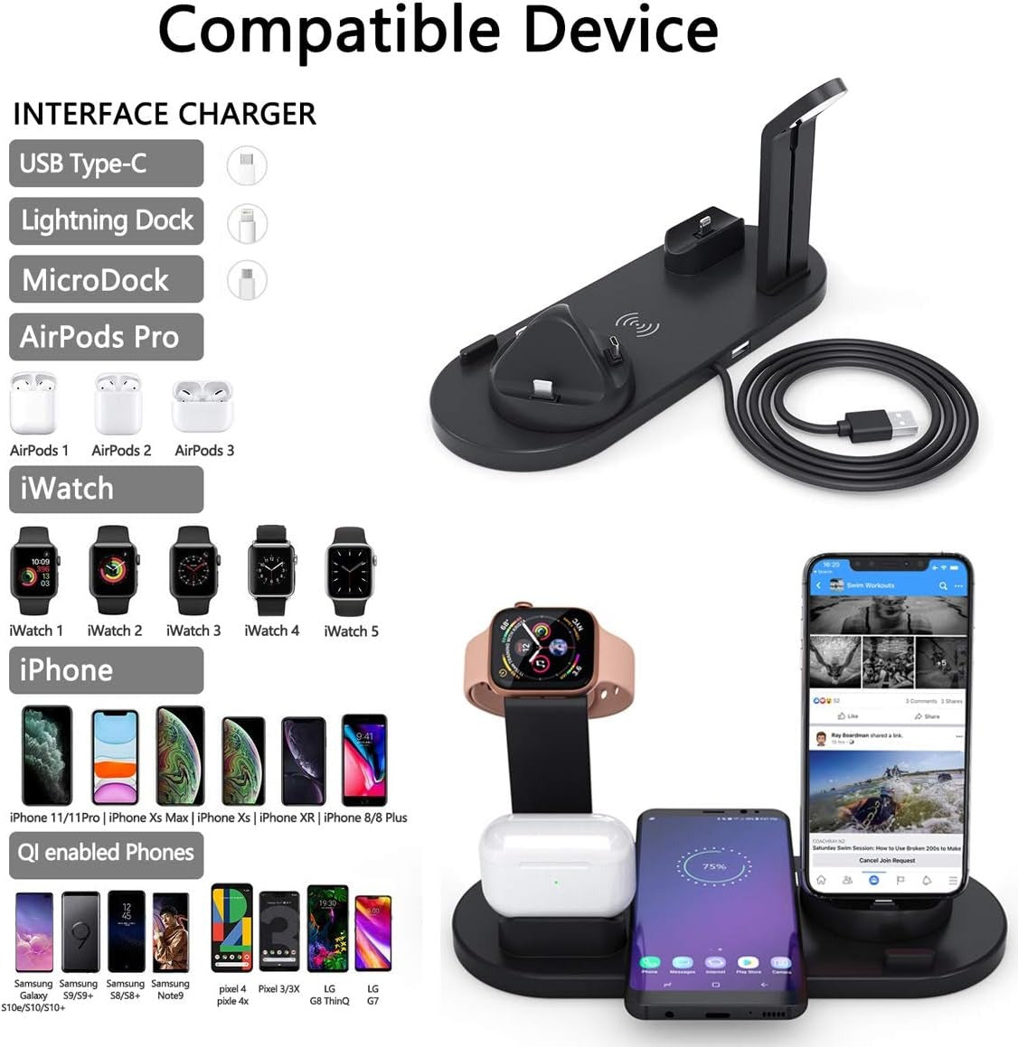 Chargeur sans fil 4-en-1, Station de charge sans fil rapide - iPhone, Apple Watch, AirPods