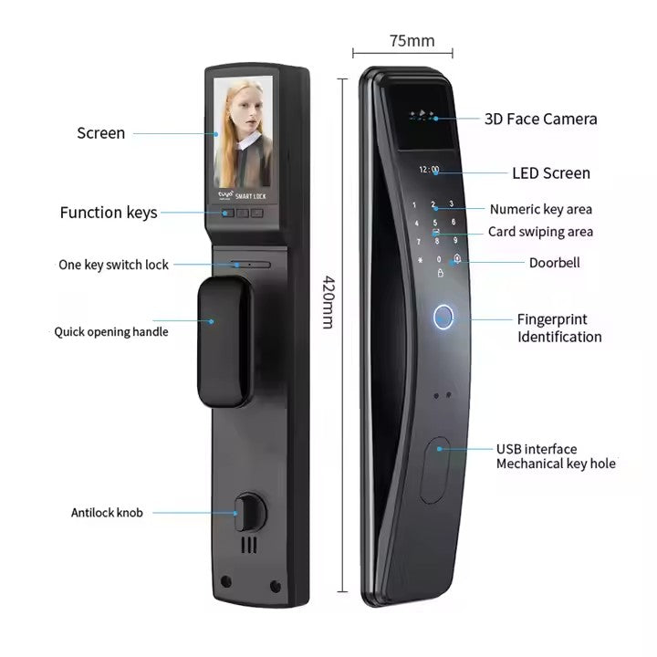 Serrure Intelligente Tuya avec Visiophone - Reconnaissance faciale, empreinte digitale, code et clé