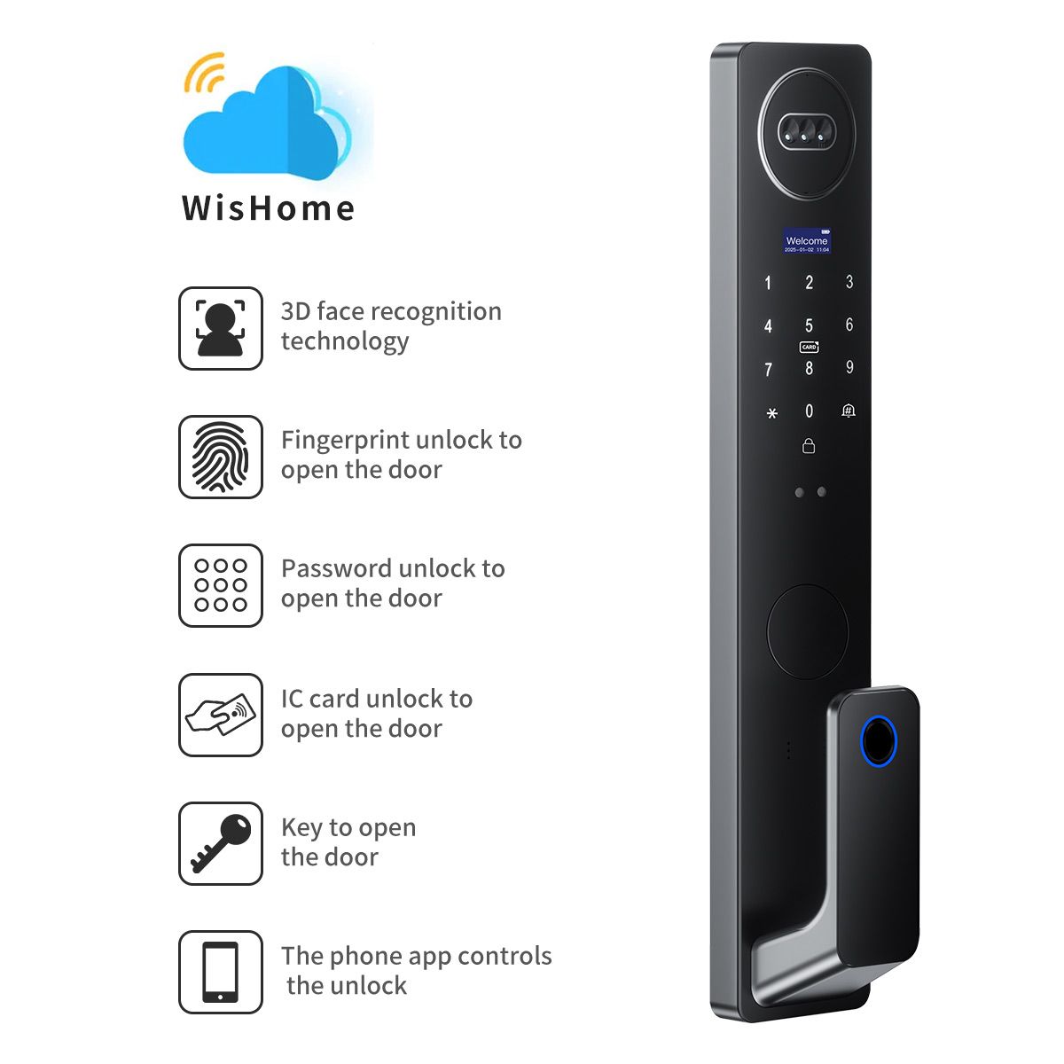 Serrure Intelligente Wishome - Ouverture par empreinte digitale, code, carte et application mobile
