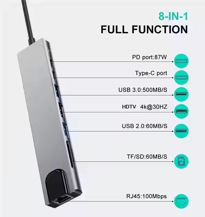 Adaptateur USB-C 8-en-1, en alliage de zinc, 8 ports, petite et portable pour la famille et le bureau