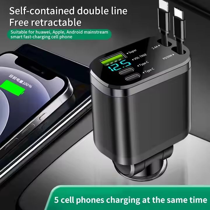 Chargeur allume-cigare USB-C 5-en-1, 80W, câbles rétractables, voltmètre LED. Charge rapide pour iPhone, Samsung