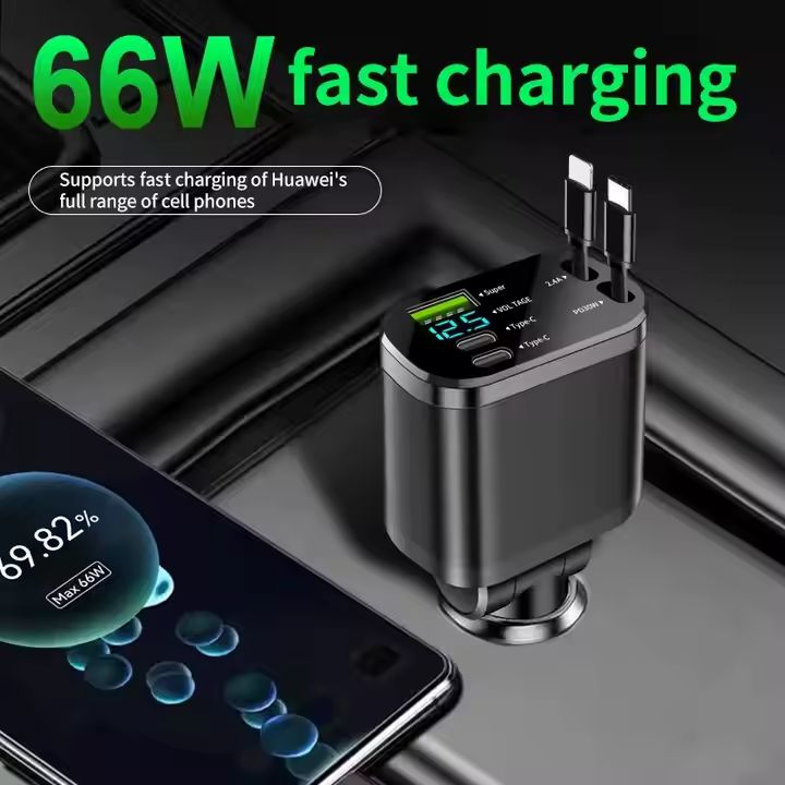 Chargeur allume-cigare USB-C 5-en-1, 80W, câbles rétractables, voltmètre LED. Charge rapide pour iPhone, Samsung