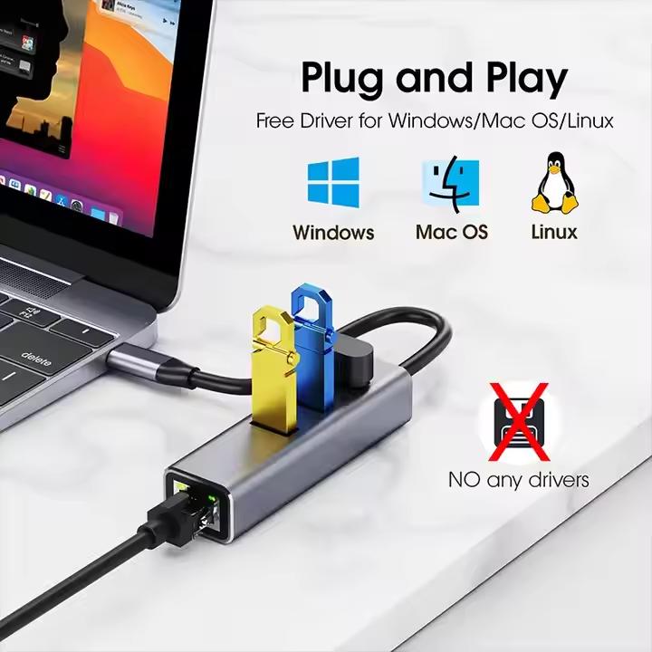 Adaptateur USB-C vers Ethernet + Hub 4 Ports USB 3.0