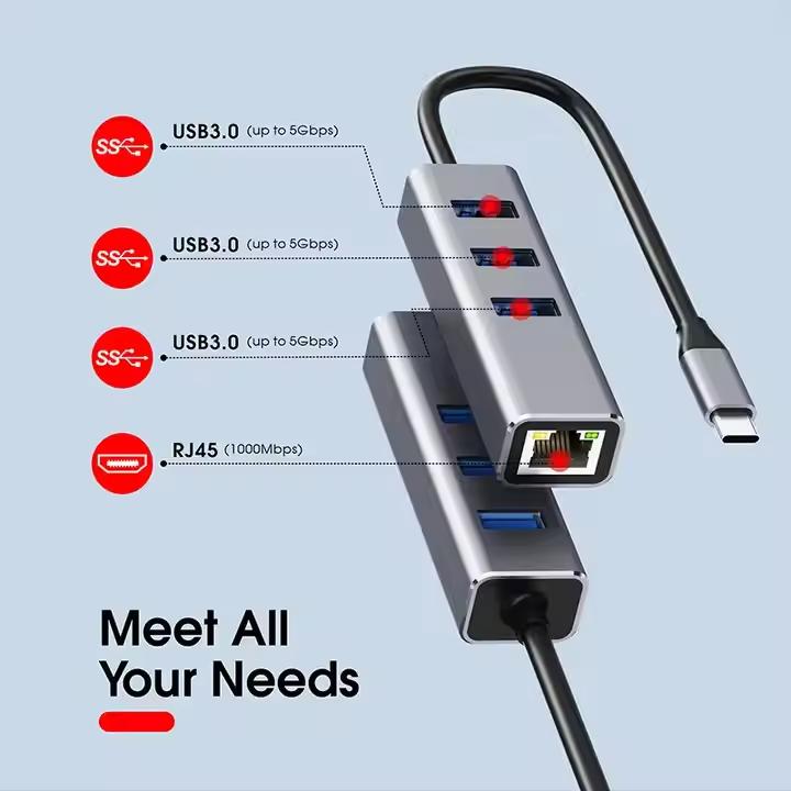 Adaptateur USB-C vers Ethernet + Hub 4 Ports USB 3.0