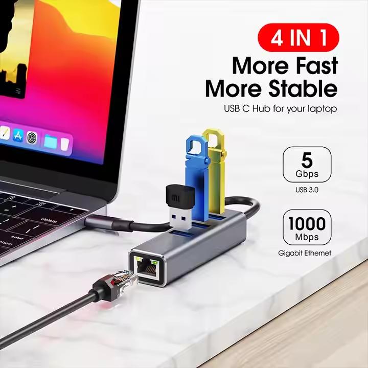 Adaptateur USB-C vers Ethernet + Hub 4 Ports USB 3.0