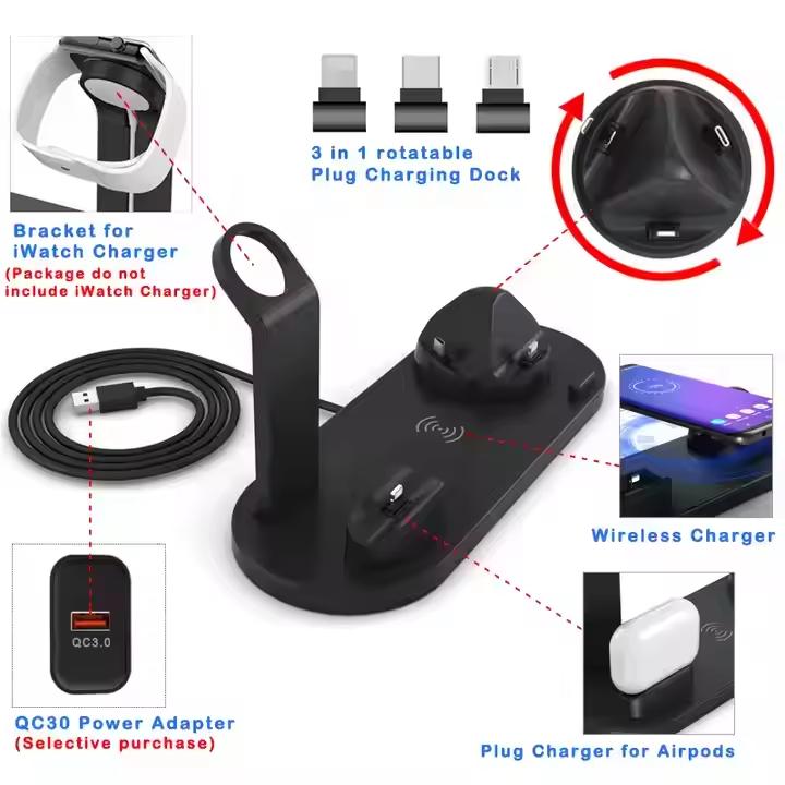 Chargeur sans fil 4-en-1, Station de charge sans fil rapide - iPhone, Apple Watch, AirPods