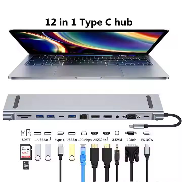 Hub USB-C 11-en-1 avec HDMI 4K@30Hz, VGA, Ethernet, PD 100W, USB 3.0/2.0, SD/TF, audio. Optimisez votre connectivité.