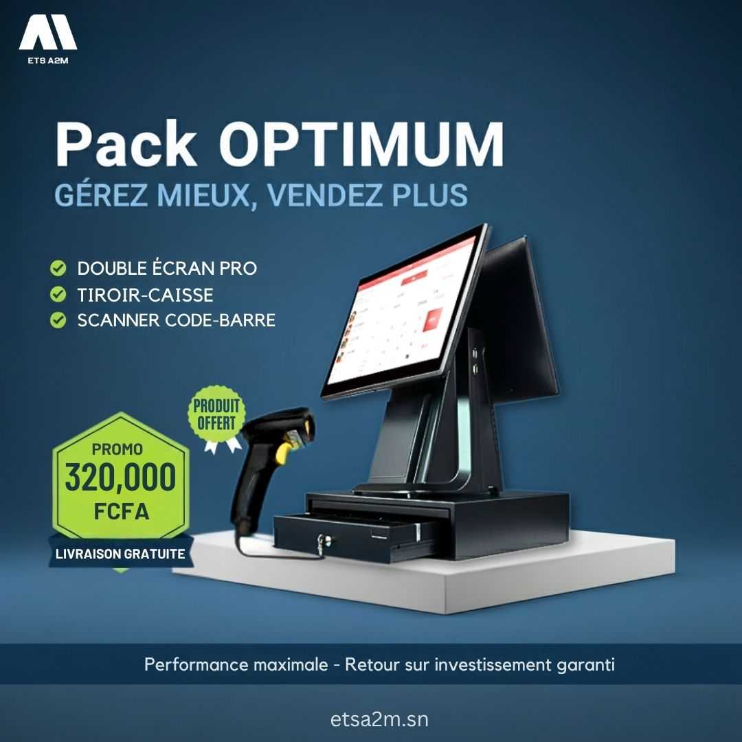 Pack Optimum - Double Écran, Tiroir Caisse + Scanner OFFERT - ETS A2M