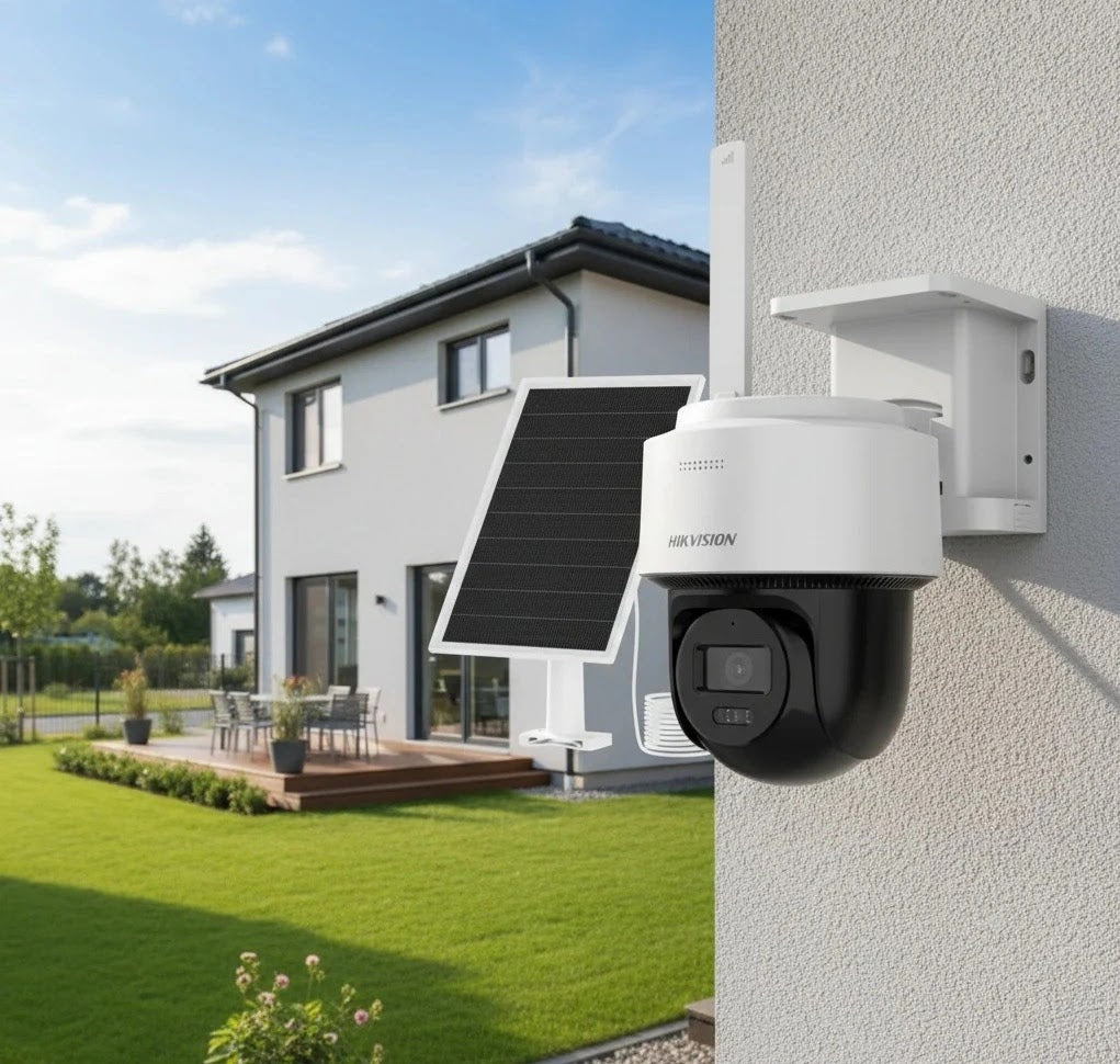 Installation murale extérieure Caméra Hikvision solaire 4G sur façade de villa résidentielle