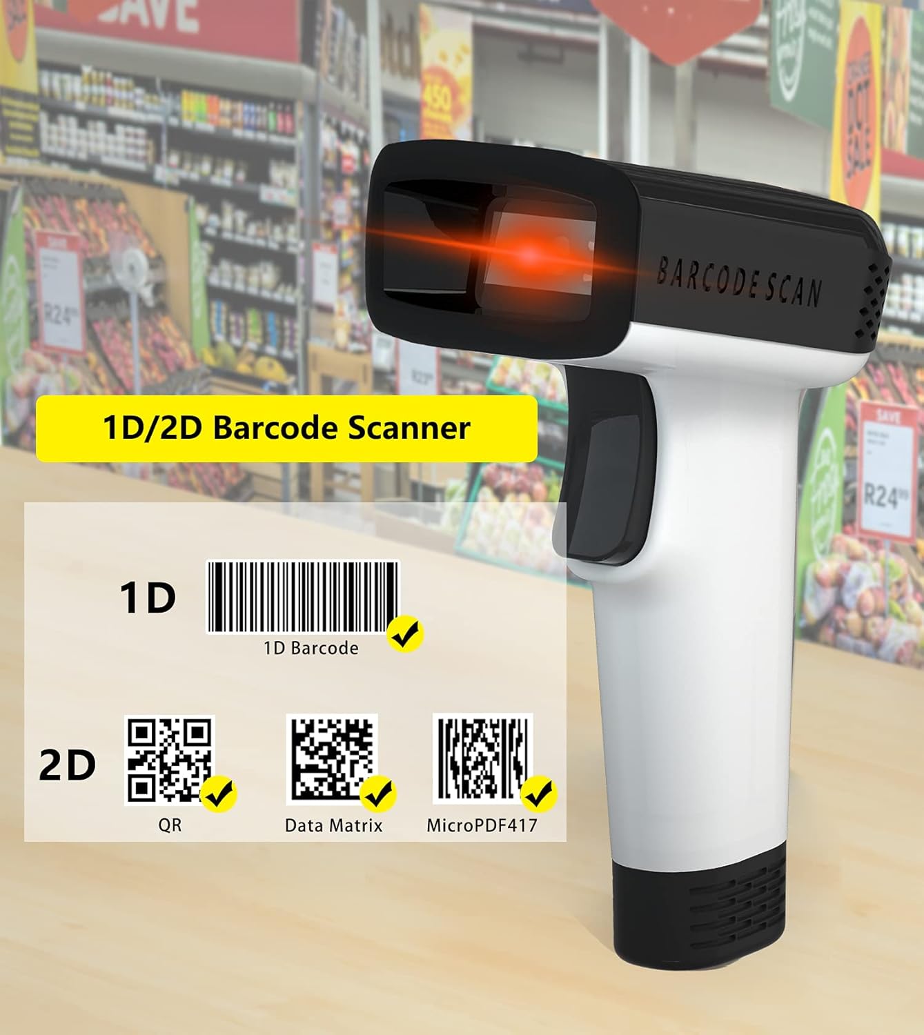 Scanner Codes-Barres 1D/2D/QR, USB Filaire, Plug & Play pour PC