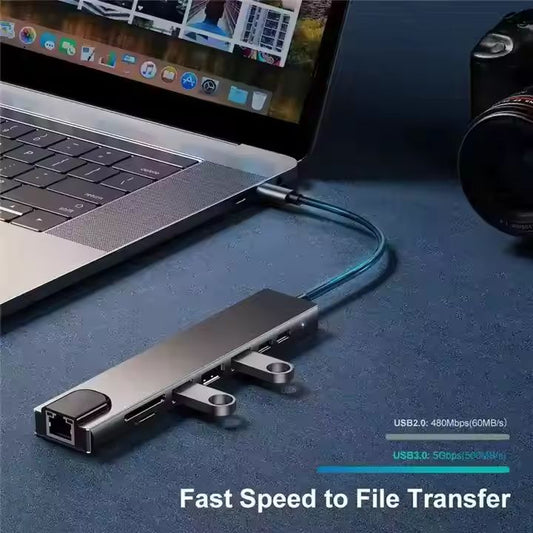 Adaptateur USB-C 8-en-1, en alliage de zinc, 8 ports, petite et portable pour la famille et le bureau