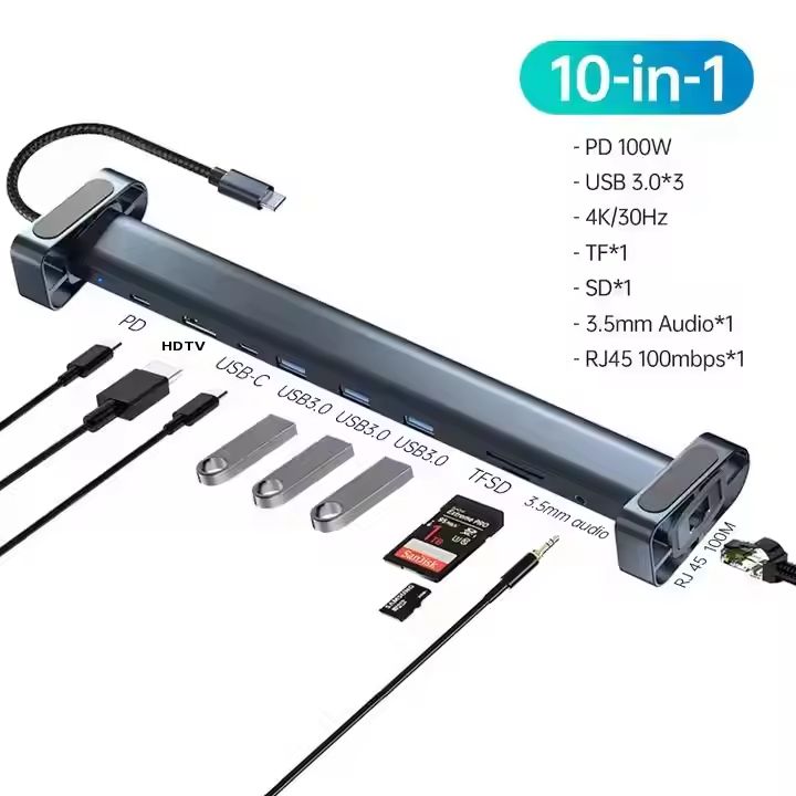 Hub USB-C 10-en-1 puissant avec HDMI 4K, Ethernet Gigabit, PD 100W, lecteurs SD/TF