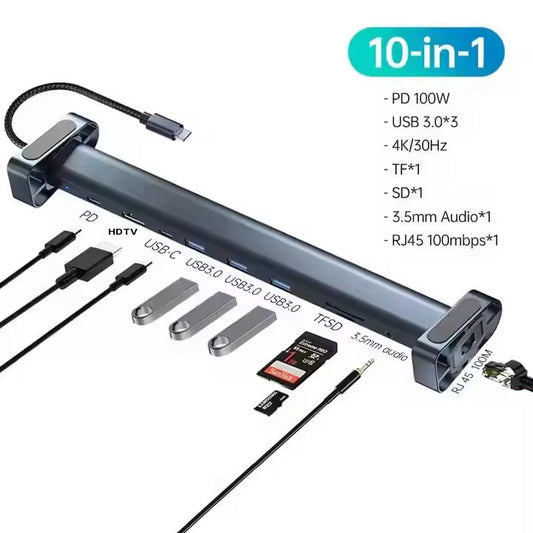 Hub USB-C 10-en-1 puissant avec HDMI 4K, Ethernet Gigabit, PD 100W, lecteurs SD/TF