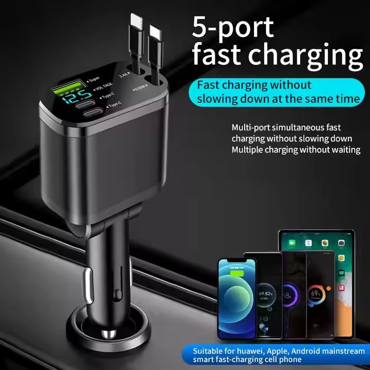 Chargeur allume-cigare USB-C 5-en-1, 80W, câbles rétractables, voltmètre LED. Charge rapide pour iPhone, Samsung