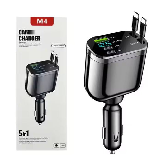 Chargeur allume-cigare USB-C 5-en-1, 80W, câbles rétractables, voltmètre LED. Charge rapide pour iPhone, Samsung