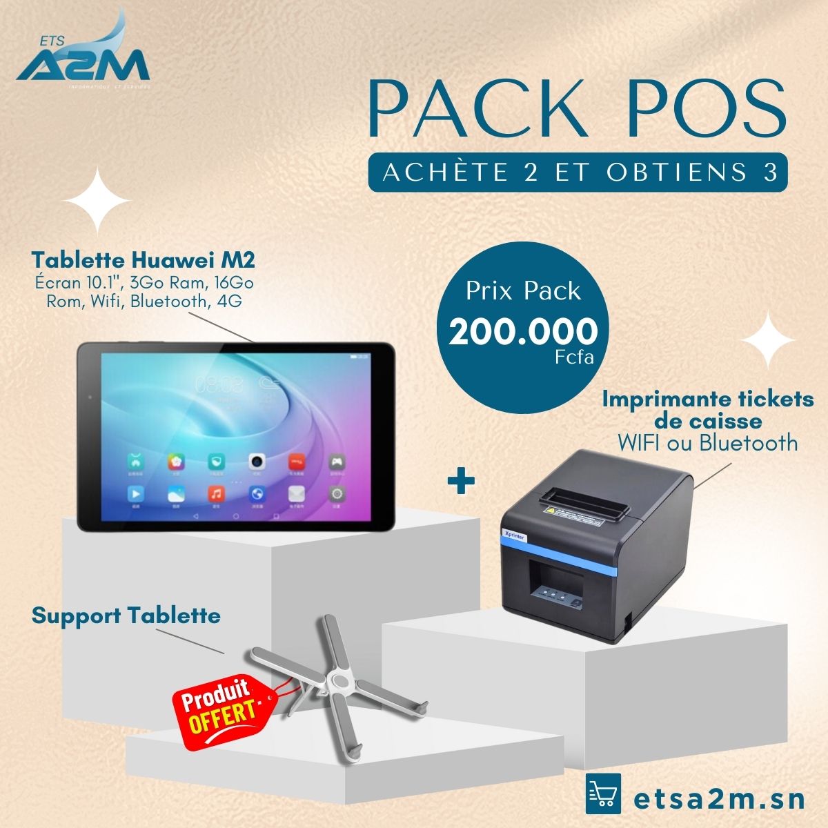 Pack POS - Solution Complète de Caisse avec Tablette Huawei M2, Imprimante tickets et support offert