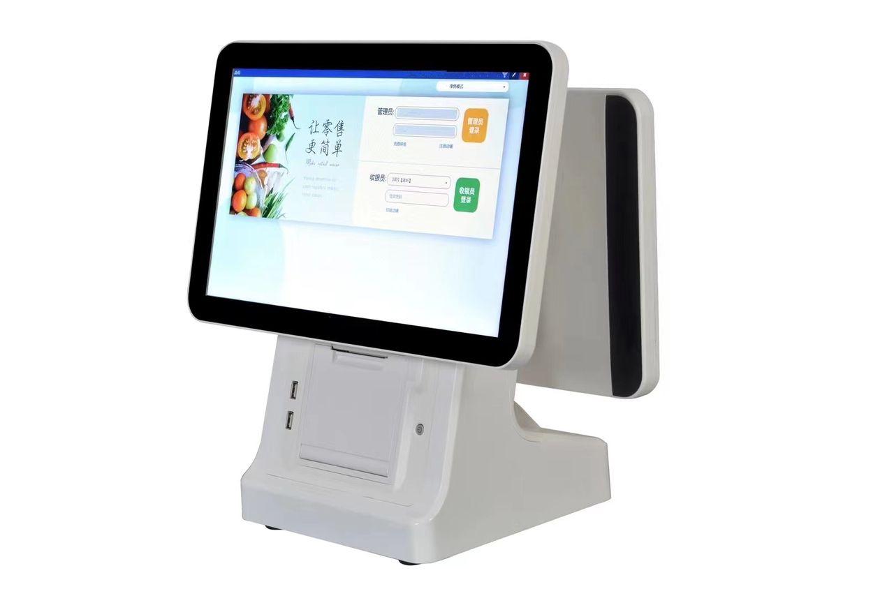 Caisse enregistreuse tactile double écran avec Core i5, 8Go RAM, SSD 128Go, imprimante 80mm, Windows 10. Idéal pour commerces et restaurants.