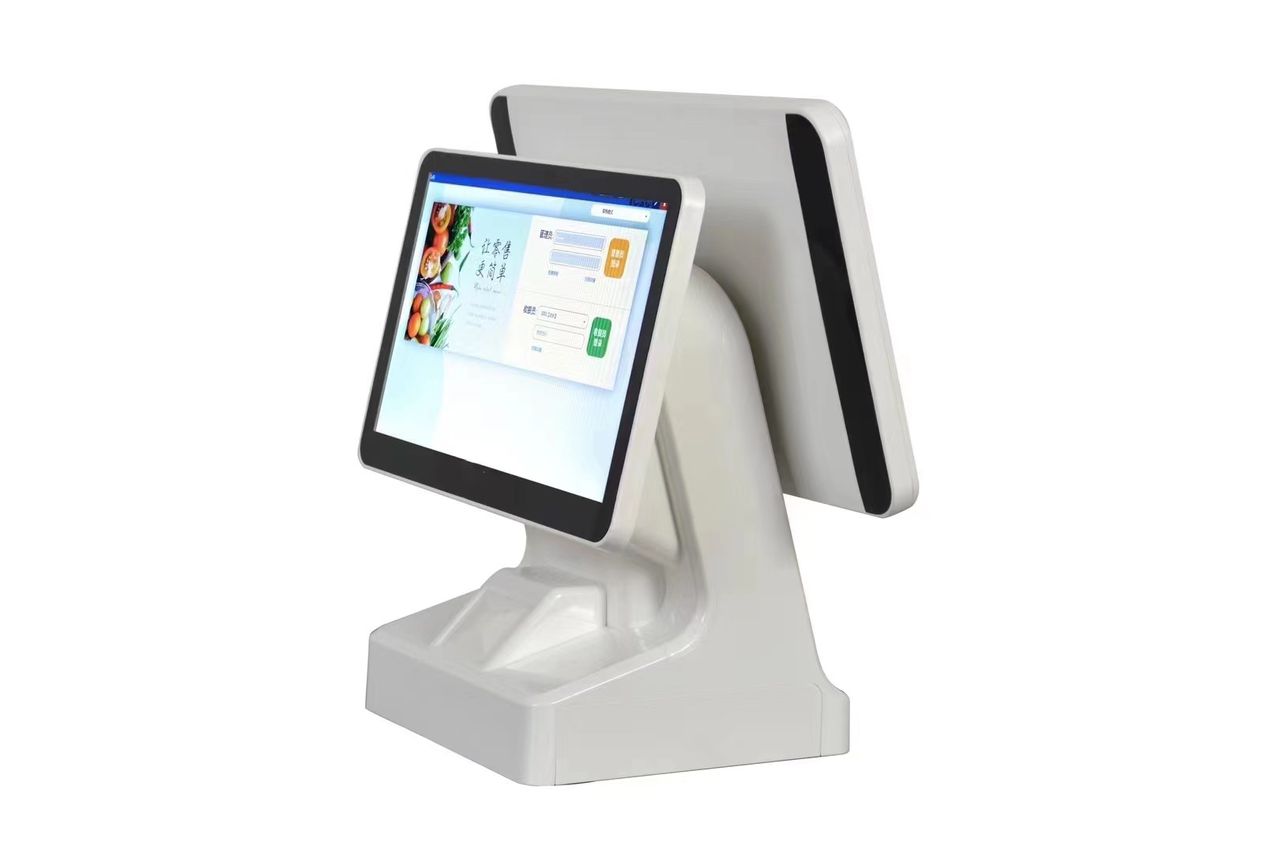Caisse enregistreuse tactile double écran avec Core i5, 8Go RAM, SSD 128Go, imprimante 80mm, Windows 10. Idéal pour commerces et restaurants.