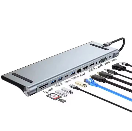 Hub USB-C 11-en-1 avec HDMI 4K@30Hz, VGA, Ethernet, PD 100W, USB 3.0/2.0, SD/TF, audio. Optimisez votre connectivité.
