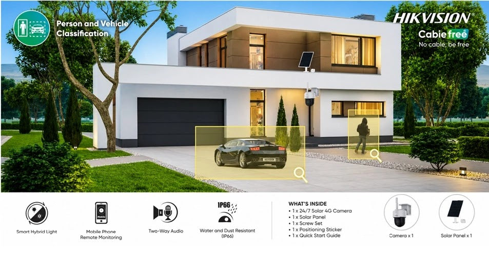 Infographie détection personnes véhicules IP66 et contenu du pack Hikvision 4G solaire